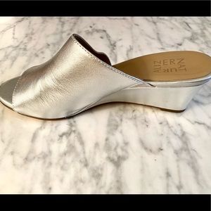 Leather silver wedge slides 8.5